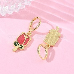 バレンタインデー向け真鍮エナメルフープピアス（女性用）  花バラ  ゴールドカラー  33x9.5mm&nbsp;EJEW-G464-01G-02