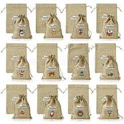 12Pcs 12 Styles Christmas Printed Burlap Packing Pouches Drawstring Bags&nbsp;ABAG-FS0001-03B