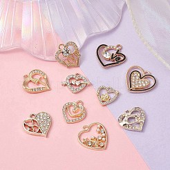 10個10スタイルアロイペンダント  クリスタルラインストーンとABSプラスチックイミテーションパール  ハート＆王冠＆うさぎ＆矢のチャーム  ゴールドカラー  14~21.5x14~20x1.5~4mm  穴：1.5~2mm  1個/スタイル&nbsp;ALRI-YW0001-18G
