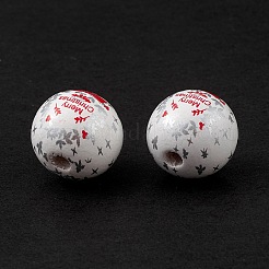 印刷された天然木のヨーロッパのビーズ  大穴ビーズ  クリスマスの葉模様の丸い  ホワイト  19mm  穴：4mm&nbsp;WOOD-C015-06C