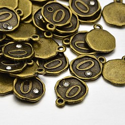 アンティークブロンズ合金ラインストーンチャームをメッキ  numがフラットラウンド。0  ニッケルフリー  13x10x1.5mm  穴：1mm&nbsp;ALRI-J153-00-NF