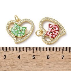 バレンタインデーの真鍮マイクロパヴェクリアキュービックジルコニアペンダント  カドミウムフリー＆鉛フリー  エナメル  貝殻と丸カン  18KGP本金メッキ  猫とハート  ミックスカラー  18.5x20x3mm  穴：3.6mm&nbsp;KK-C045-16G