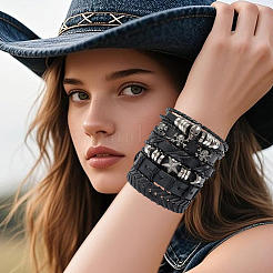 6個 6スタイル PUイミテーションレザー編み込みブレスレット  女性と男性のための合金製のスカルと星のジュエリー付き  ブラック  内径：2.20~3.23インチ（5.6~8.2cm）&nbsp;BJEW-CL0001-52