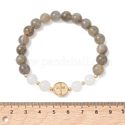 Round Natural Labradorite & White Jade Beads Stretch Bracelets&nbsp;BJEW-JB13674