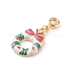 クリスマス合金エナメルペンダント  真鍮製のチューブベイ付き  クリスマスリースのチャーム  ゴールドカラー  22.5x16x2.5mm  穴：3mm&nbsp;PALLOY-JF00709-03