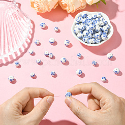 100個 2スタイル ハンドメイドフラワープリント磁器セラミックビーズ  ラウンド  ブルー  8~10.5mm  穴：2mm  50個/スタイル&nbsp;PORC-LT0001-11