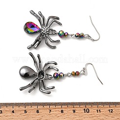 合金プラスチックダングルピアス  ラインストーンパーツ  クモ  ガンメタ色＆プラチナ  67x34mm&nbsp;EJEW-P319-01B-01