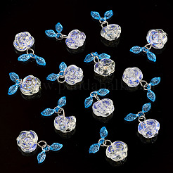 透明なガラスの花のペンダント30個と深いスカイブルーのアクリルの葉  鉄パーツ  プラチナ  透明  22mm&nbsp;PALLOY-TAC0241
