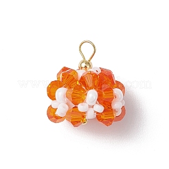 ガラスチャーム  花  ガラスシードビーズと真鍮ループ付き  多面カット  オレンジ  17.5x16mm  穴：2.3mm&nbsp;PALLOY-MZ00673-05