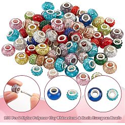 100Pcs 2 Style Polymer Clay Rhinestone & Resin European Large Hole Beads with Silver Color Plated Brass Cores&nbsp;FPDL-NB0001-04