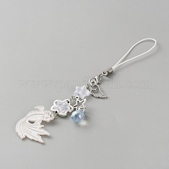 魚合金アクリル携帯ストラップ  モバイルアクセサリーの装飾  アンティークシルバー＆プラチナ  ホワイト  133mm&nbsp;HJEW-WH0036-125A