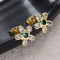 Flower Brass Micro Pave Cubic Zirconia Stud Earrings&nbsp;EJEW-Z087-01G