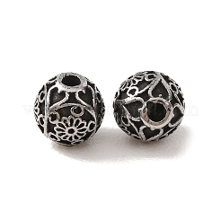 304ステンレススチールビーズ  光沢のある  ヴィンテージ風の花柄の丸い模様  アンティークシルバー  7.5x8mm  穴：2.5mm&nbsp;SA-CBAFBAB-09AS-A