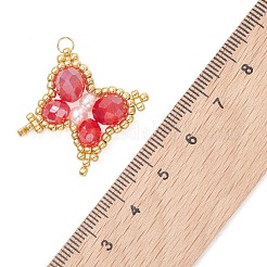 ガラスチャーム  バタフライチャーム  304ステンレス鋼とシードビーズ付き  18KGP本金メッキ  多面カット  レッド  21~22x23x7mm  穴：3mm&nbsp;PALLOY-MZ01285-01