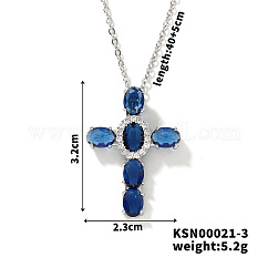 Brass Pave Cubic Zirconia Religion Cross Pendant Necklaces, Western Style Jewelry for Women Men, Platinum, Blue, 15.75 inch(40cm)