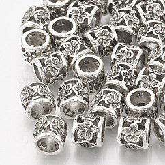 Tibetan Style Alloy Beads, Large Hole Beads, Column with Flower, Antique Silver, 10x9mm, Hole: 6mm
