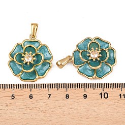 304ステンレススチールラインストーンペンダント  エナメルスタイル  花  ゴールドカラー  ダークシアン  28x25x7.5mm  穴：7x3mm&nbsp;STAS-P438-09G