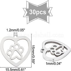 ステンレスペンダント201個  犬の足のプリントと心臓  ステンレス鋼色  15x15.5x1mm  穴：1.2mm  30個/箱&nbsp;STAS-UN0018-92P