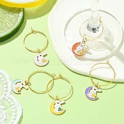 合金エナメルワイングラスチャーム  ガラスビーズと真鍮のワイングラスチャームリング付き  月とウサギ  ミックスカラー  47mm&nbsp;AJEW-JO00242
