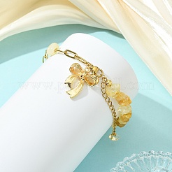 Heated Natural Citrine Chip Beads 304 Stainless Steel Paperclip Chain Bracelets with Alloy Bowknot Charms&nbsp;BJEW-JB14187-02