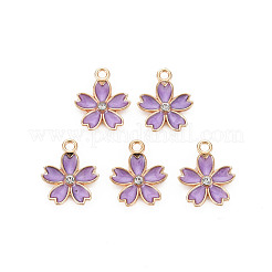 合金エナメルチャーム  クリスタルラインストーン付き  さくらの花  ライトゴールド  暗い蘭  17x14x3mm  穴：1.8mm&nbsp;X-ENAM-S121-052E