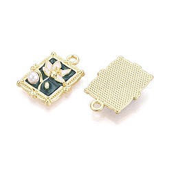 メッキ合金エナメルチャームラック  長方形と花  ABSの模造パールと  ライトゴールド  23x16.5x5mm  穴：1.8mm&nbsp;ENAM-N065-04KCG