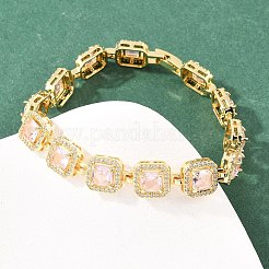スクエア真鍮マイクロパヴェクリアキュービックジルコニアとガラスリンクチェーンブレスレット  長持ちメッキ  鉛フリー＆カドミウムフリー  18KGP本金メッキ  ピンク  7.76インチ（19.7cm）&nbsp;BJEW-T025-04G-04
