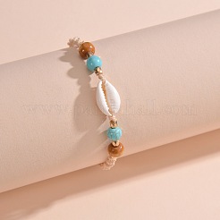 Adjustable Natural Cowrie Shell & Round Wood & Synthetic Turquoise Beaded Cotton Cord Braided Anklets for Women&nbsp;FS-WG3A61A-01