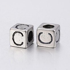 304 ステンレススチール 大きな穴文字 ヨーロッパ ビーズ  文字.c付きのキューブ  アンティークシルバー  8x8x8mm  穴：5mm&nbsp;X-STAS-H428-01AS-C