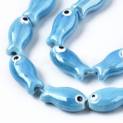 手作りの磁器セラミックビーズ連売り  手描き  光沢釉の磁器  魚  ドジャーブルー  19x10x8mm  穴：1.5mm  約17個/連  12.40インチ（31.5cm）&nbsp;X1-PORC-T006-03P