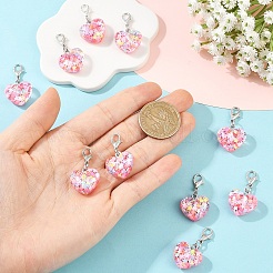 透明樹脂グリッターパウダーハートペンダントデコレーション10個  合金製カニカン付き  プラチナ  カラフル  32mm&nbsp;HJEW-YW00424