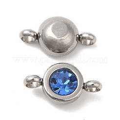 304ステンレススチールシングルラインストーンコネクタチャーム  フラットラウンドいリンク  ステンレス鋼色  アクアマリン  12x6.5x4mm  穴：2mm&nbsp;STAS-E194-13P-09