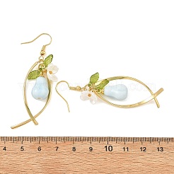女性向け手作り磁器＆真鍮製ドロップピアス  花のついた洋ナシ  304ステンレススチールダングルイヤリング  ゴールドカラー  63x16.5mm&nbsp;EJEW-JE07508