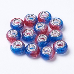 ツートン樹脂ヨーロピアンビーズ  シルバーカラーメッキ真鍮シングルコア  ロンデル  ブルー  14x8.5mm  穴：5mm&nbsp;RPDL-K002-C04