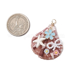 天然ホタテ貝と樹脂の花とABSプラスチックの模造真珠の蝶結びペンダント  銅線ループ付き  ゴールドカラー  43~46.5x33~37x10~11mm  穴：3.5~4mm&nbsp;PALLOY-JF03891