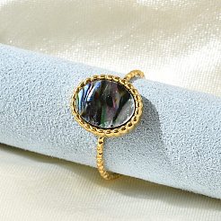 女性用楕円形 304 ステンレススチール パウアシェル カフリング  イオンプレーティング（ip）  18KGP本金メッキ  13x10.5mm  内径: 調節可能&nbsp;RJEW-G346-07G-01