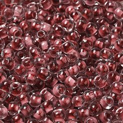 透明なガラスの丸いシードビーズ  色の内側  ラウンド  インディアンレッド  6/0  4x3mm  穴：1.2mm  約161個/10g&nbsp;X1-SEED-B001-05A-21