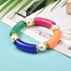 女性のための分厚いアクリルカーブチューブビーズストレッチブレスレット  プラスチックパールビーズ＆真鍮ビーズブレスレット  ゴールドカラー  カラフル  内径：2インチ（5.1cm）&nbsp;BJEW-JB06993-03