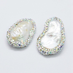 天然な培養された淡水パールビーズ  ポリマークレイラインストーン付き  ナゲット  25~39x18~23x6~8mm  穴：0.5mm&nbsp;PEAR-F006-38
