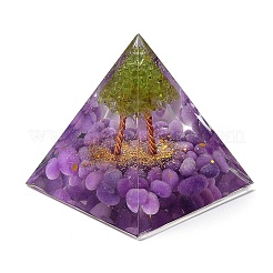 オルゴナイトピラミッド樹脂エネルギー発生器  レイキ 天然アメジスト & ペリドット チップ ツリー オブ ライフ ホーム オフィス デスク装飾用  50mm&nbsp;DJEW-PW0012-020B