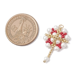 ガラスシードビーズの花のペンダント  ガラスパールビーズと304ステンレススチールの丸カン付き  18KGP本金メッキ  レッド  32x20x6.5mm  穴：3mm&nbsp;PALLOY-MZ00827-02