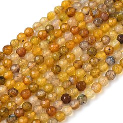 天然石瑪瑙ビーズ連売り  多面カット  ラウンド  染め＆加熱  ゴールデンロッド  4mm  穴：0.8mm  約88~94個/連  14.5インチ&nbsp;X-G-H302-A01-14