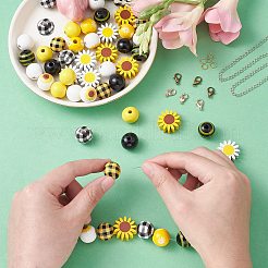 50Pcs 10 Styles Sunflower Theme Printed Wood Beads&nbsp;WOOD-CJ0001-78