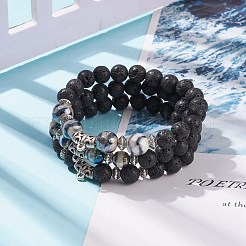 3 個 3 スタイル天然溶岩 & チベット瑪瑙ストレッチ ブレスレット合金チューブ ビーズ  女性のためのエッセンシャルオイルジェムストーンジュエリー  内径：2-1/8インチ（5.3cm）  1個/スタイル&nbsp;BJEW-JB08322