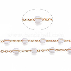 真鍮製アズキチェーン  アクリルハート付き  溶接されていない  ライトゴールド  乳白色  9x6.5x4mm&nbsp;CHC-N018-100