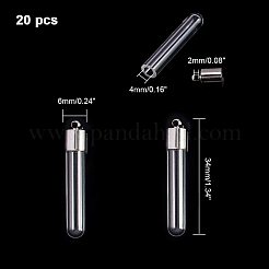 ガラスボトルペンダント  鉄製の蓋付き  プラチナ  34x6mm  穴：2mm  20個/箱&nbsp;GLAA-PH0007-48P