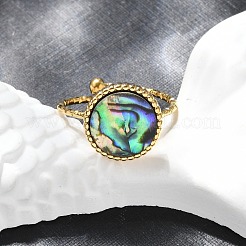 フラットラウンド 304 ステンレススチール パウアシェル カフリング 女性用  イオンプレーティング（ip）  18KGP本金メッキ  12mm  内径: 調節可能&nbsp;X-RJEW-G346-10G-01