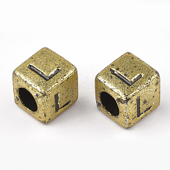 アクリルビーズ  水平穴  メタリックメッキ  文字付きのキューブ  6x6x6mm  約3000個/500g&nbsp;PB43C9308B-G-M