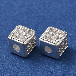 真鍮製の透明なキュービックジルコニアビーズ  ラックめっき  長持ちメッキ  キューブ  銀  6x6x6mm  穴：2mm&nbsp;KK-L272-04S
