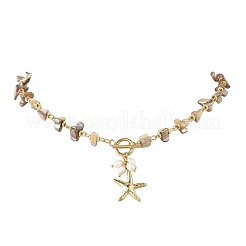 Ocean 304 Stainless Steel Starfish Pendant Natural Freshwater Shell Beaded Chain Necklaces with OT Clasps for Women&nbsp;NJEW-JN06567-01